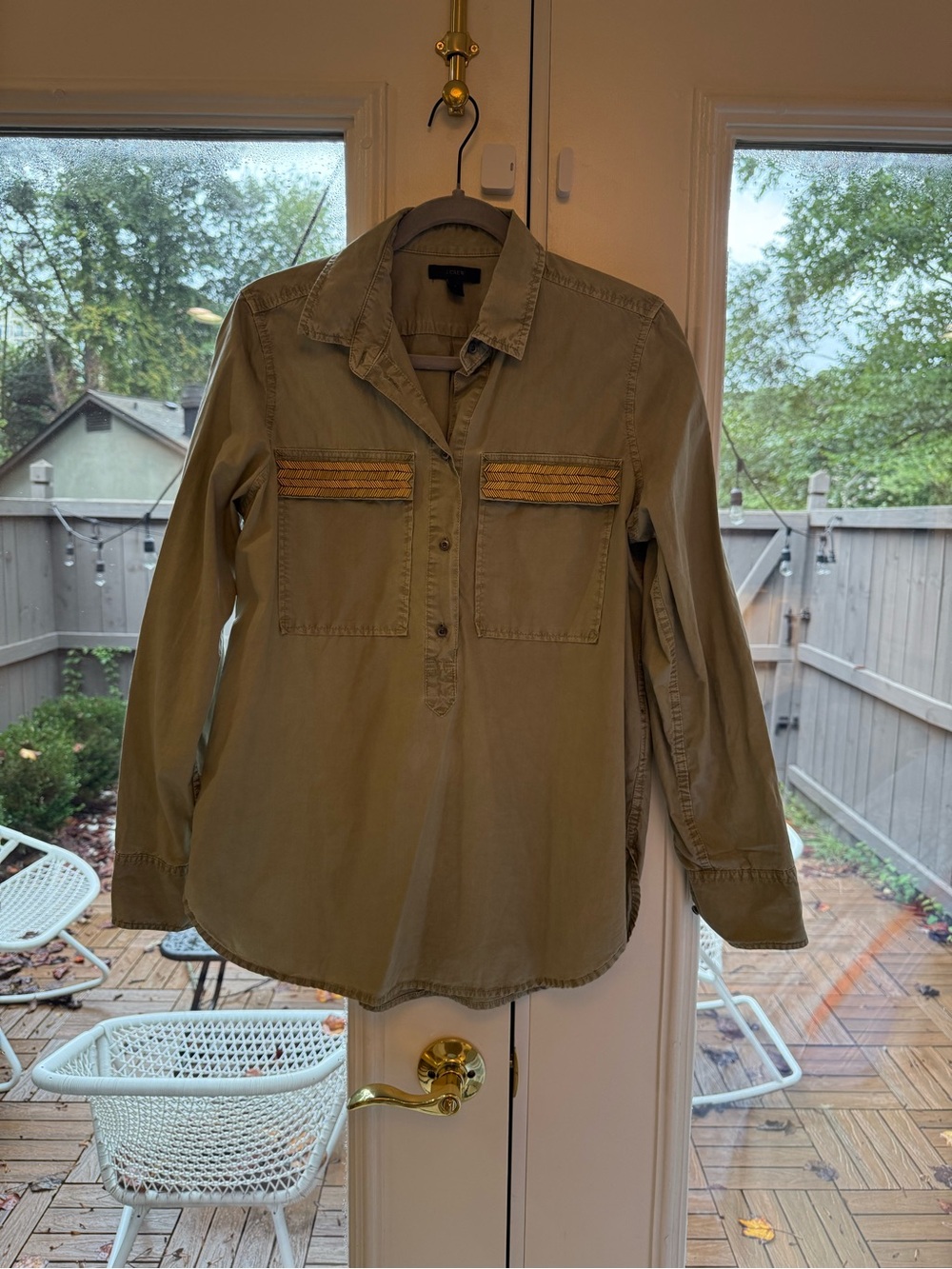 J. Crew Olive Green Button-Front Utility Shirt with Chest Trim